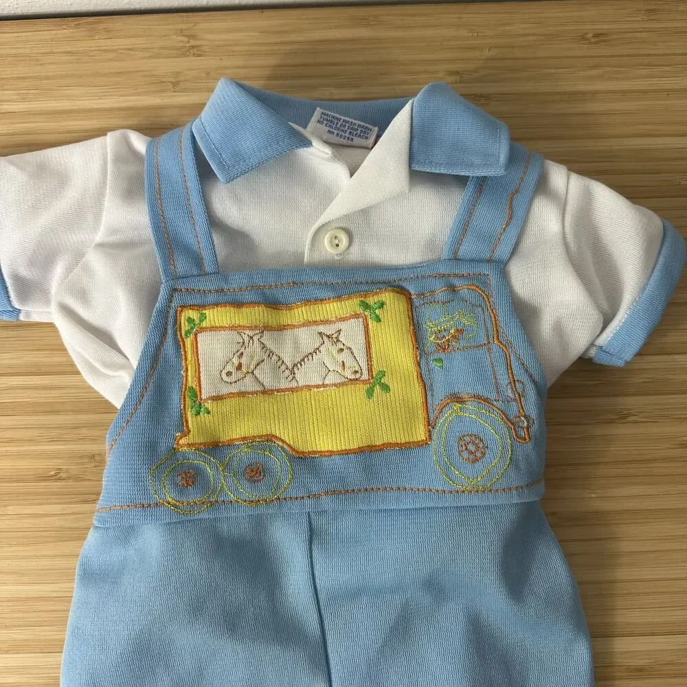 VTG MayFair Baby Boy Overalls 6-12 M Shirt Set Horse Truck Embroidery 70s Outfit